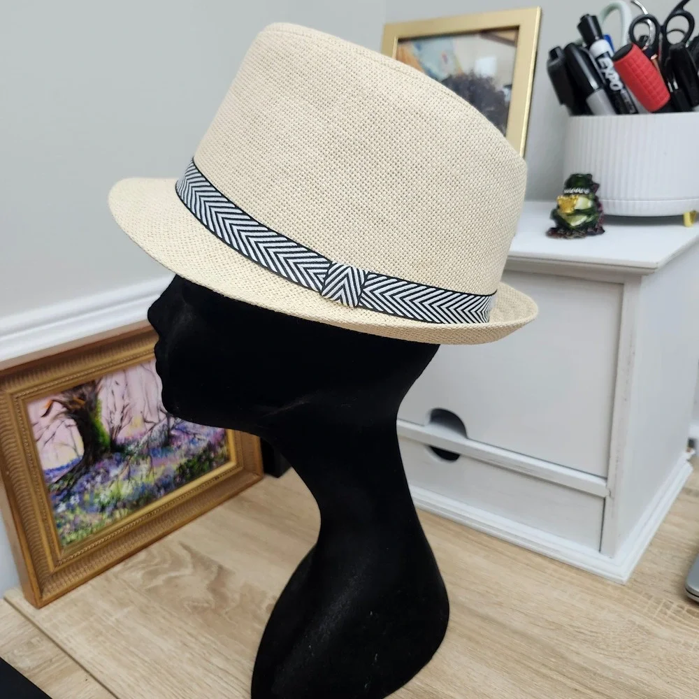 Mens Straw Fedora Hat‎ Beige Black Chevron Band One Size Summer Beach Sun